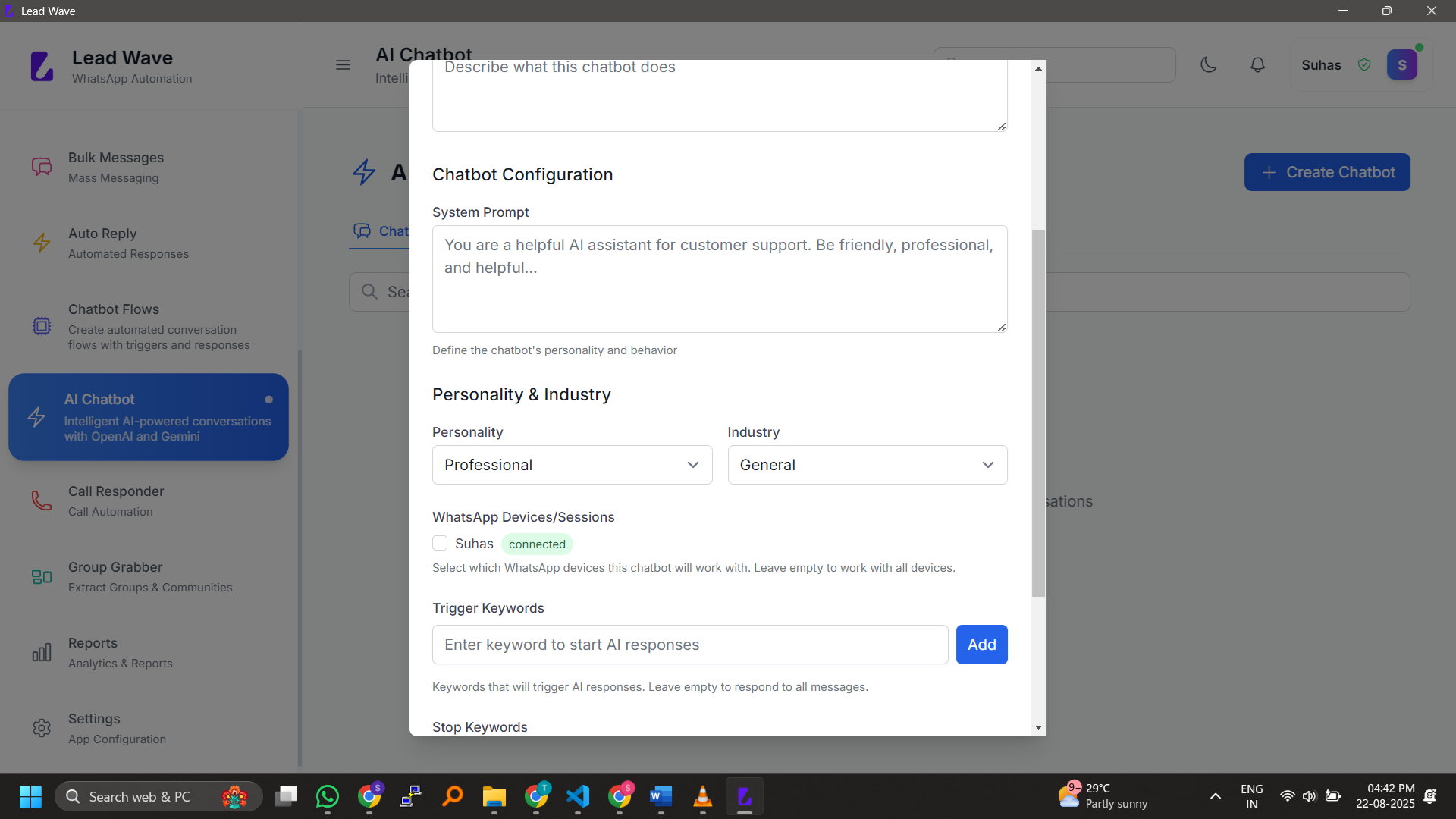 Chatbot Configuration screenshot